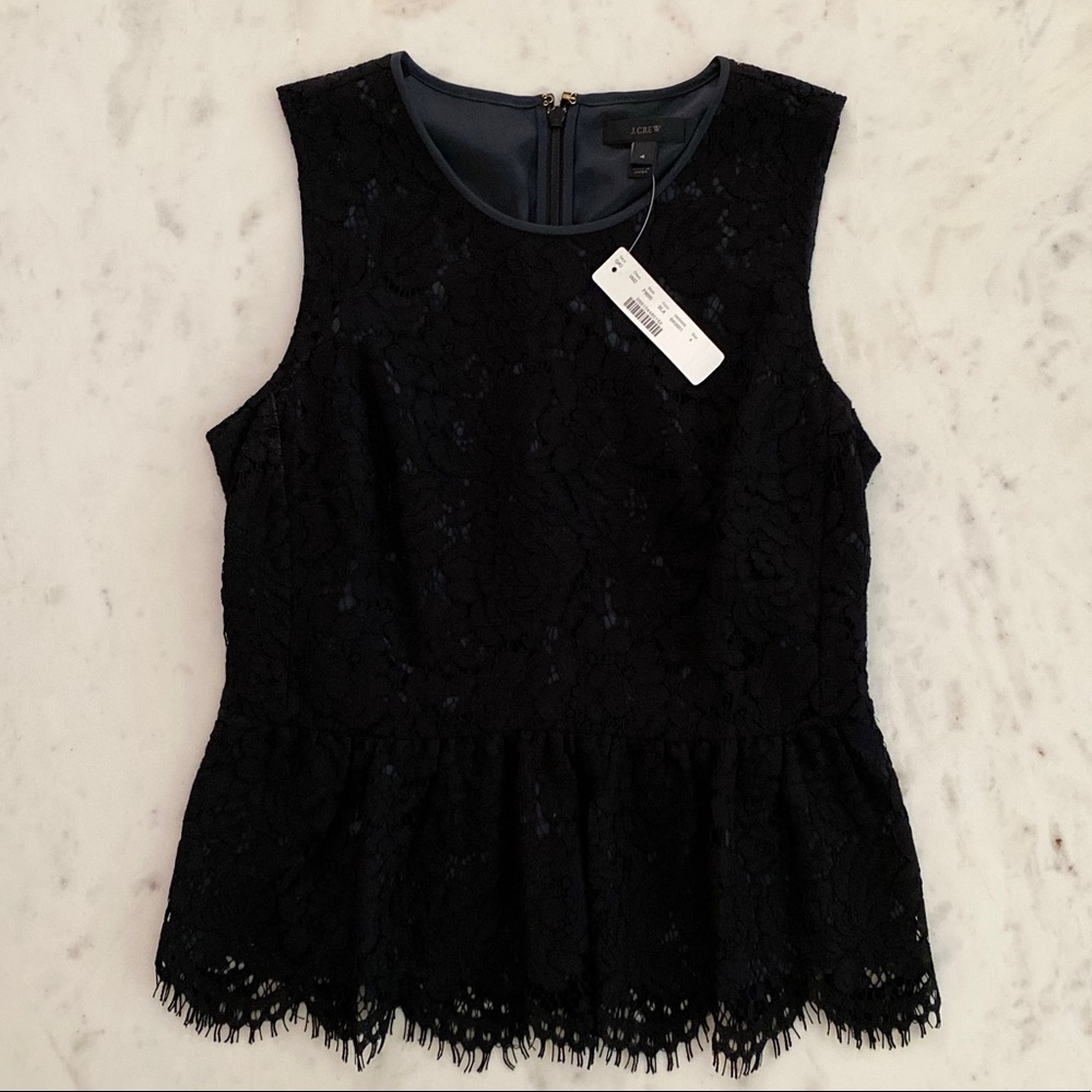 NWT J. Crew Lace Peplum Black Top